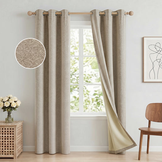 100% Blackout Curtains 42x84 in Set of 2, Faux Linen Textured Curtains for Bedroom Living Room, Thermal Insulated Window Drapes with Grommet, Room Darkening & Privacy Protection