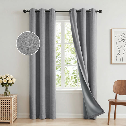 100% Blackout Curtains 42x84 in Set of 2, Faux Linen Textured Curtains for Bedroom Living Room, Thermal Insulated Window Drapes with Grommet, Room Darkening & Privacy Protection,Grey