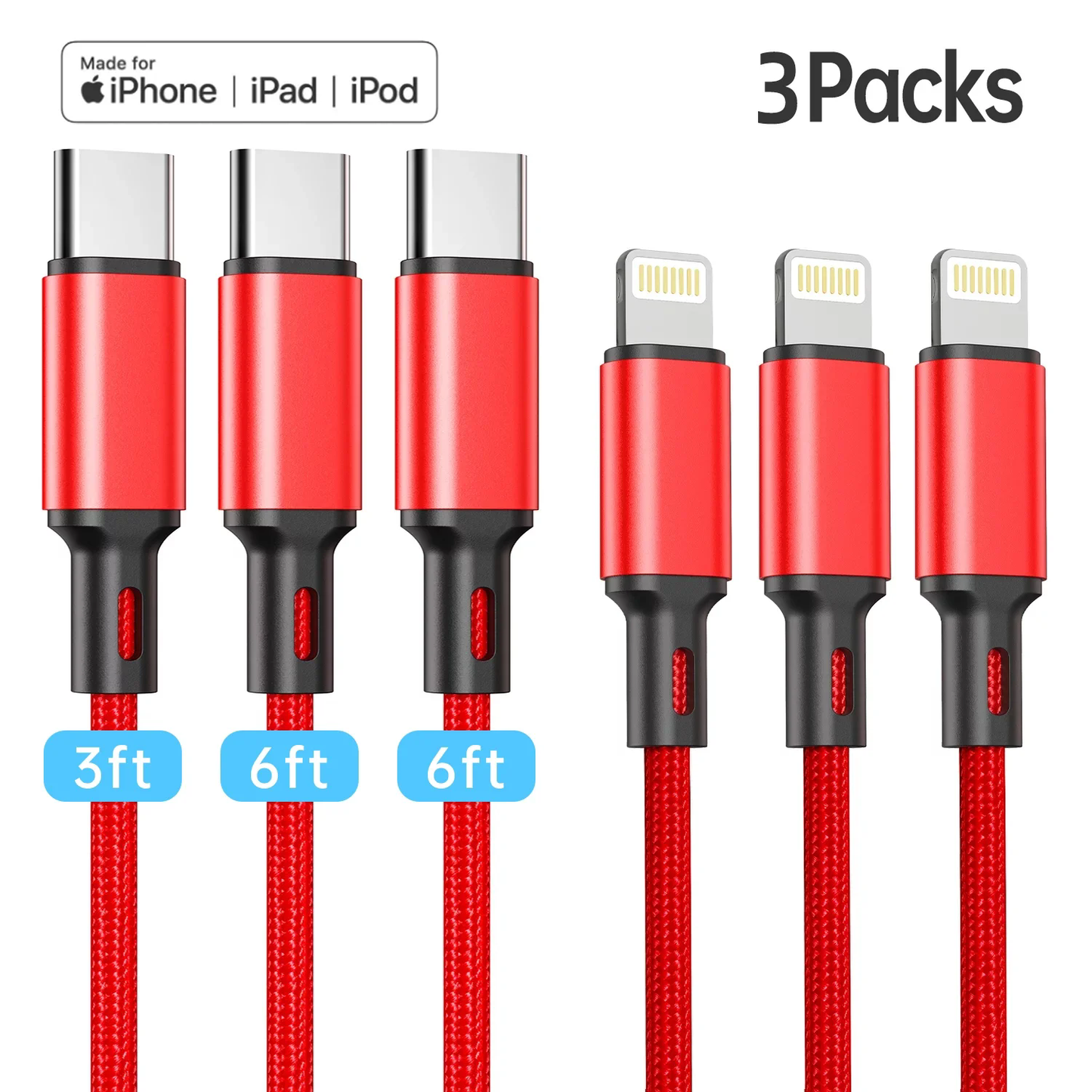 [Apple MFi Certified]USB C to Lightning Cable, 3Pack 3/6/6FT iPhone Fast Charger Cable, Nylon Braided Type C Charging Cord Compatible with iPhone 13 13 Pro Max 12 12 Pro Max 11 XS iPad AirPods Pro