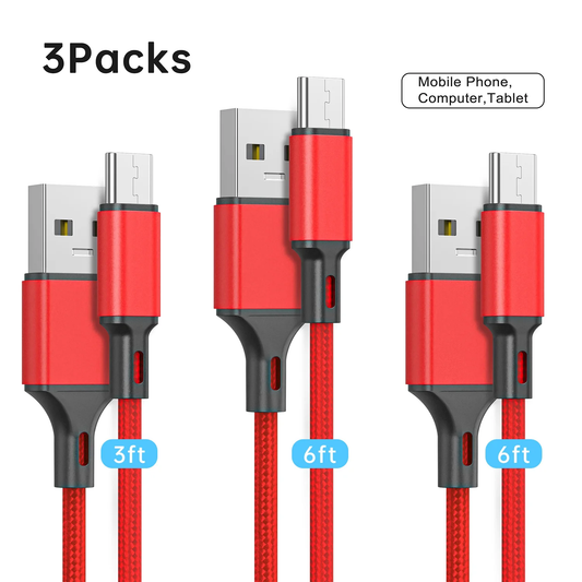 USB C Cable 2.4A Braided Charging Cable, 3Pack 3/6/6 FT Long Charger, Premium Nylon Cables, Fast Charging Cord Compatible with iPhone 15 Samsung Galaxy Note 10/10+ Plus/9/8, S20 S10 S9 S8 Plus (Red)