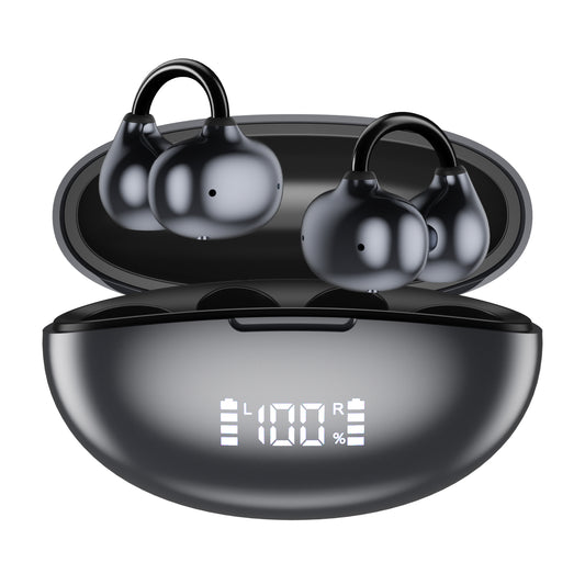 Cshidworld Clip-On Earbuds Bluetooth 6.0,Open-Back Wireless Headphones,50H Playtime LED Display,Lightweight C-Bridge,ENC & Powerful Bass,Waterproof Running Sport Earphones,Black