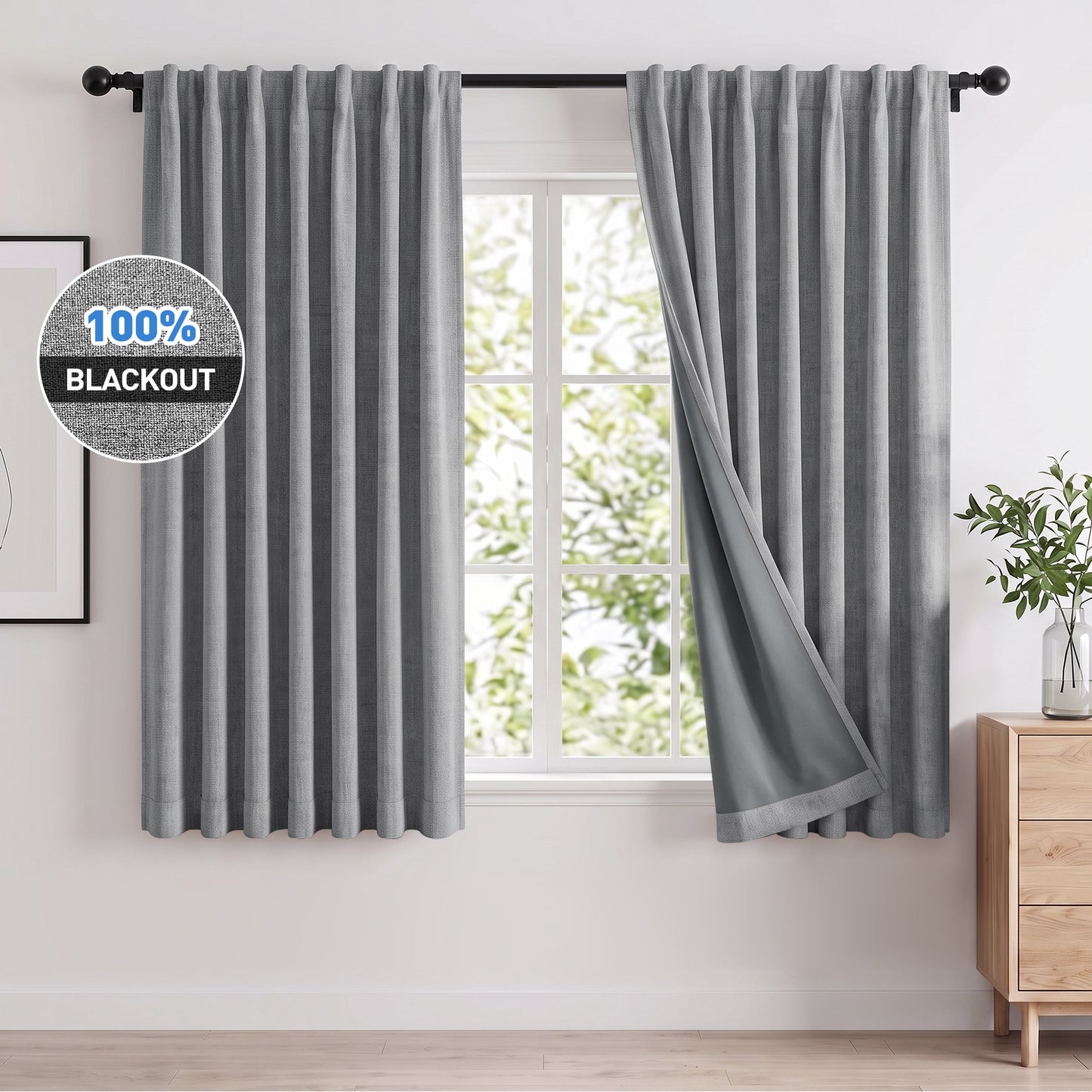 100% Blackout Curtains 2 Panels Set, Faux Linen 52x63 Inch Light Blocking Window Curtains, Rod Pocket & Back Tabs Thermal Insulated Room Darkening Drapes for Living Room Bedroom,Gray