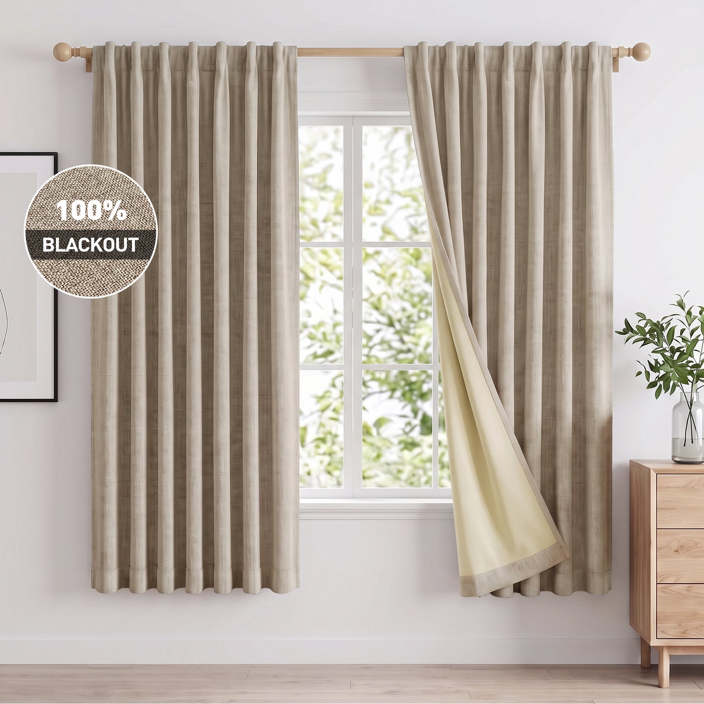 100% Blackout Curtains 2 Panels Set, Faux Linen 52x72 Inch Light Blocking Window Curtains, Rod Pocket & Back Tabs Thermal Insulated Room Darkening Drapes for Living Room Bedroom