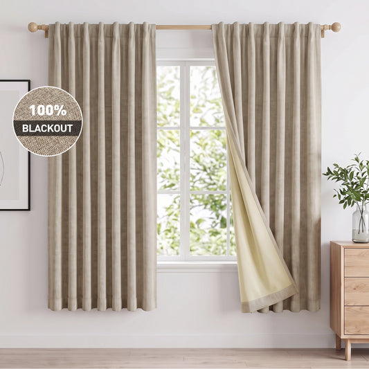 100% Blackout Curtains 2 Panels Set, Faux Linen 52x72 Inch Light Blocking Window Curtains, Rod Pocket & Back Tabs Thermal Insulated Room Darkening Drapes for Living Room Bedroom