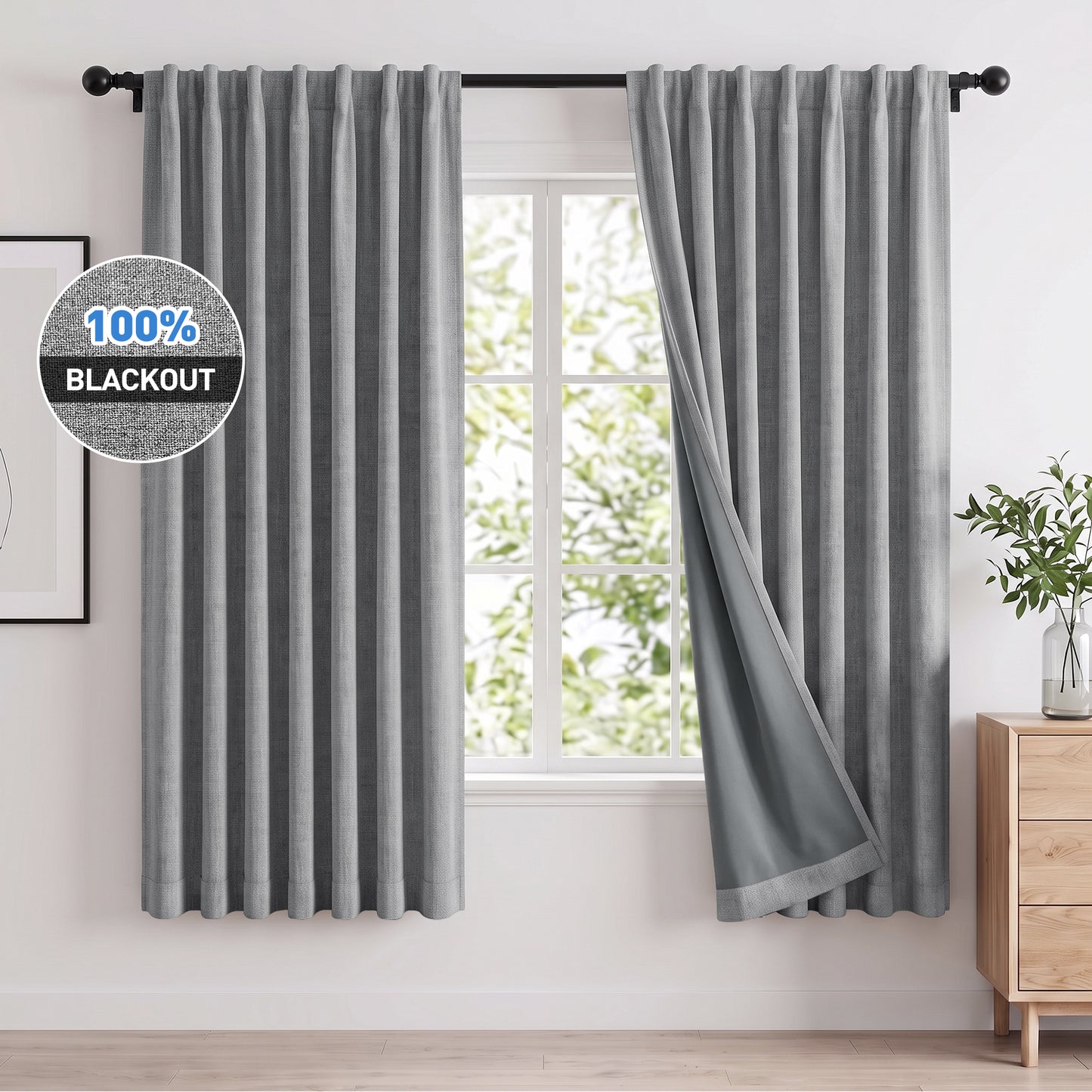 100% Blackout Curtains 2 Panels Set, Faux Linen 52x72 Inch Light Blocking Window Curtains, Rod Pocket & Back Tabs Thermal Insulated Room Darkening Drapes for Living Room Bedroom,Gray