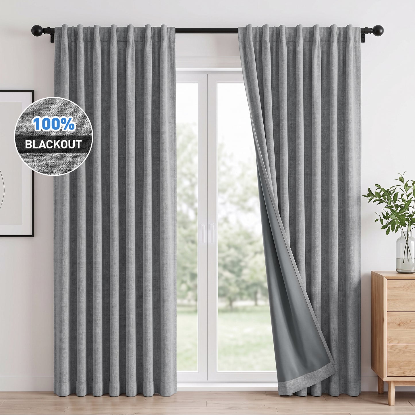 100% Blackout Curtains 2 Panels Set, Faux Linen 52x84 Inch Light Blocking Window Curtains, Rod Pocket & Back Tabs Thermal Insulated Room Darkening Drapes for Living Room Bedroom,Gray