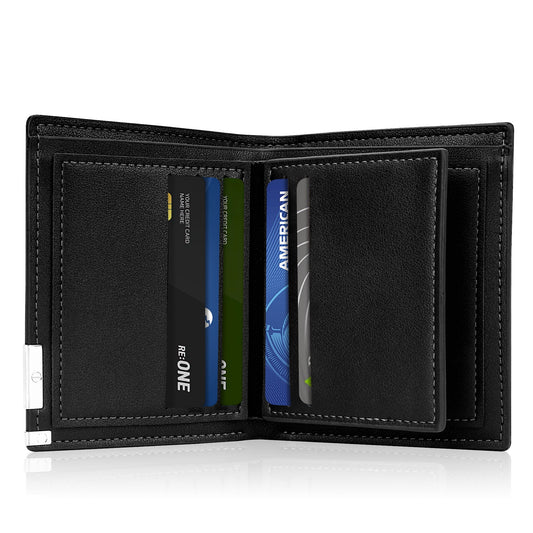 CSD01LWFM52060BK  Mens Wallet, Bifold Genuine Leather Wallet for Men, RFID Blocking Wallet with 1 ID Window, 7 Card Holders & 2 Cash Slots, Slim Front Pocket Wallet, Black