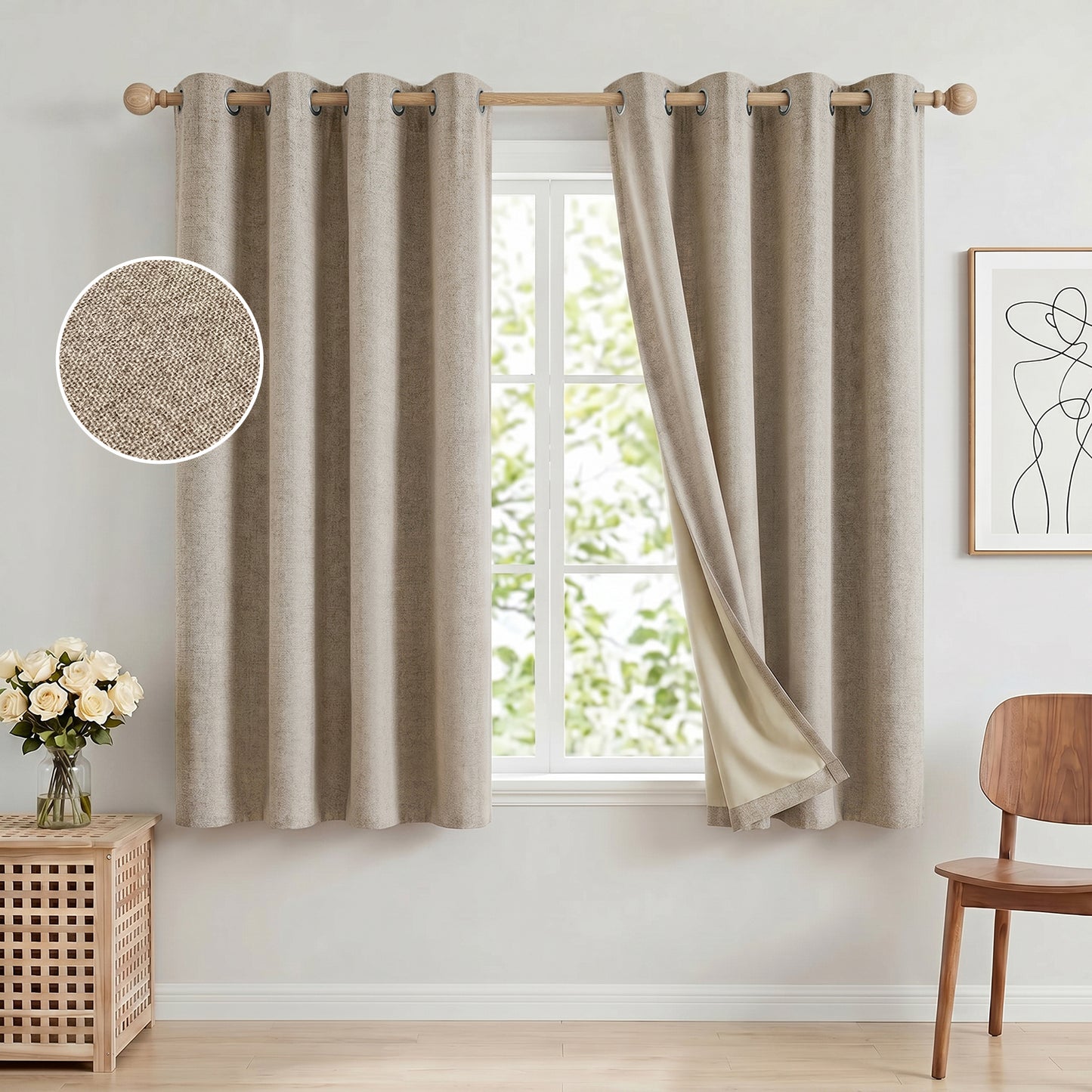 100% Blackout Curtains 52x63 in Set of 2, Faux Linen Textured Curtains for Bedroom Living Room, Thermal Insulated Window Drapes with Grommet, Room Darkening & Privacy Protection,Natural Beige