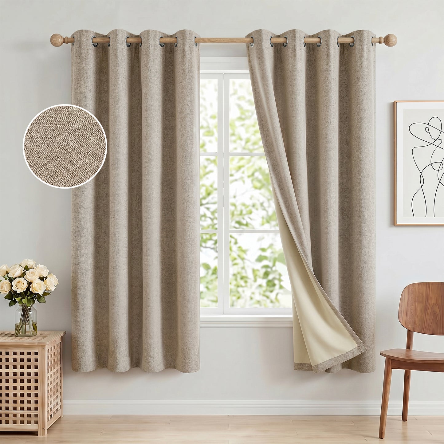 100% Blackout Curtains 52x72 in Set of 2, Faux Linen Textured Curtains for Bedroom Living Room, Thermal Insulated Window Drapes with Grommet, Room Darkening & Privacy Protection,Natural Beige