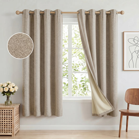 100% Blackout Curtains 52x72 in Set of 2, Faux Linen Textured Curtains for Bedroom Living Room, Thermal Insulated Window Drapes with Grommet, Room Darkening & Privacy Protection,Natural Beige