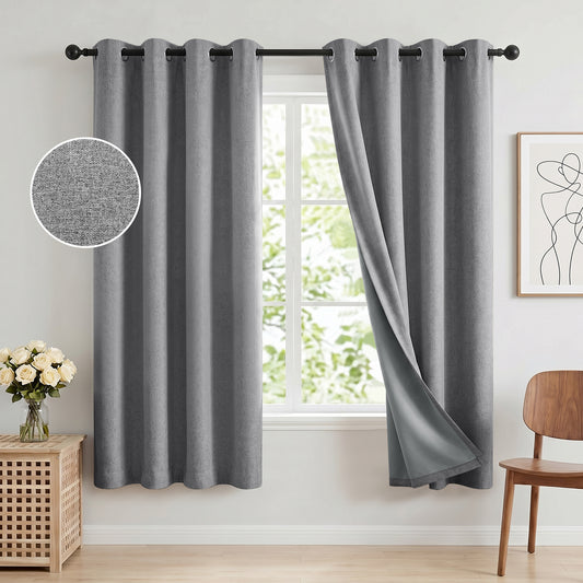 100% Blackout Curtains 52x72 in Set of 2, Faux Linen Textured Curtains for Bedroom Living Room, Thermal Insulated Window Drapes with Grommet, Room Darkening & Privacy Protection,Grey