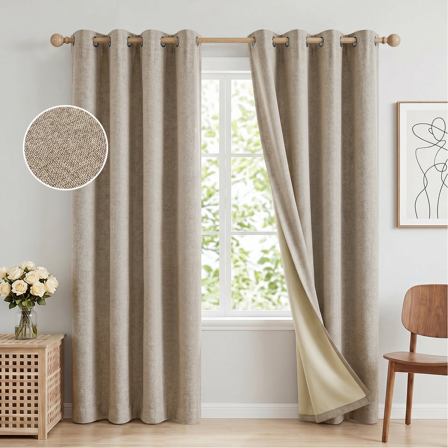 100% Blackout Curtains 52x84 in Set of 2, Faux Linen Textured Curtains for Bedroom Living Room, Thermal Insulated Window Drapes with Grommet, Room Darkening & Privacy Protection,Natural Beige
