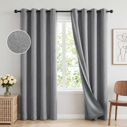 100% Blackout Curtains 52x84 in Set of 2, Faux Linen Textured Curtains for Bedroom Living Room, Thermal Insulated Window Drapes with Grommet, Room Darkening & Privacy Protection,Grey
