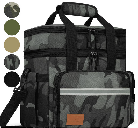 CSD01LBCWC018GY 24L Large Lunch Bag for Men, Expandable Insulated Lunch Box with Side Pockets, Leakproof Cooler Tote Bag with Adjustable Shoulder Strap, 24 Can, Suit for Office/Picnic/Camping/Beach, Camo Gray
