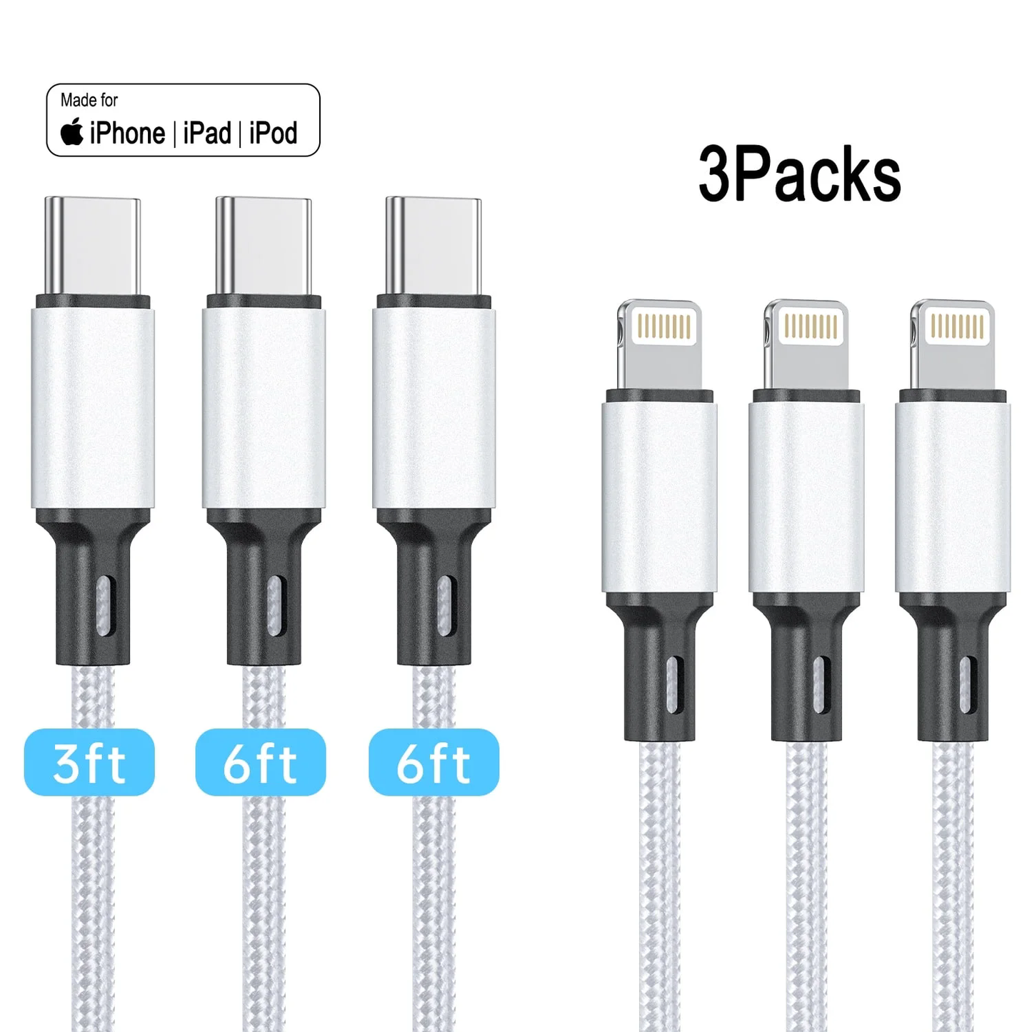 3 Pack [ Apple MFi Certified] 3/6/6 FT USB C to Lightning Cable Nylon Braided Fast Charging Cord, Fast Chargers Cables Suitable for iPhone 14/13/12 Pro/Max/11/X/XS/XR, AirPods Pro,Silver