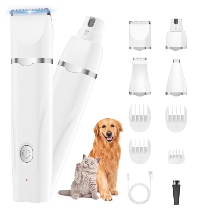 4 in 1 Dog Clippers, Low Noise Pets Hair Clipper Grooming Kit, Cordless Dog Paw Trimmers Rechargeable Quiet Nail Grinder Shaver for Dogs Cats Trimming Hair Around Paws Eyes Ears Face Rump