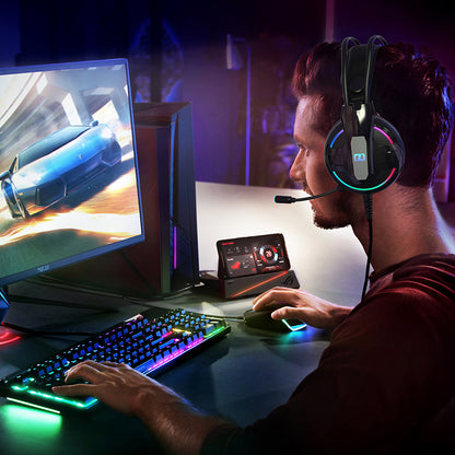 Gaming Headset for PC with 7.1 Surround Sound, Wired Gaming Headphones with Noise Cancelling Flexible Mic RGB Light Memory Earmuffs for Xbox Series X/S, PC, Mac, Laptop, Playstation