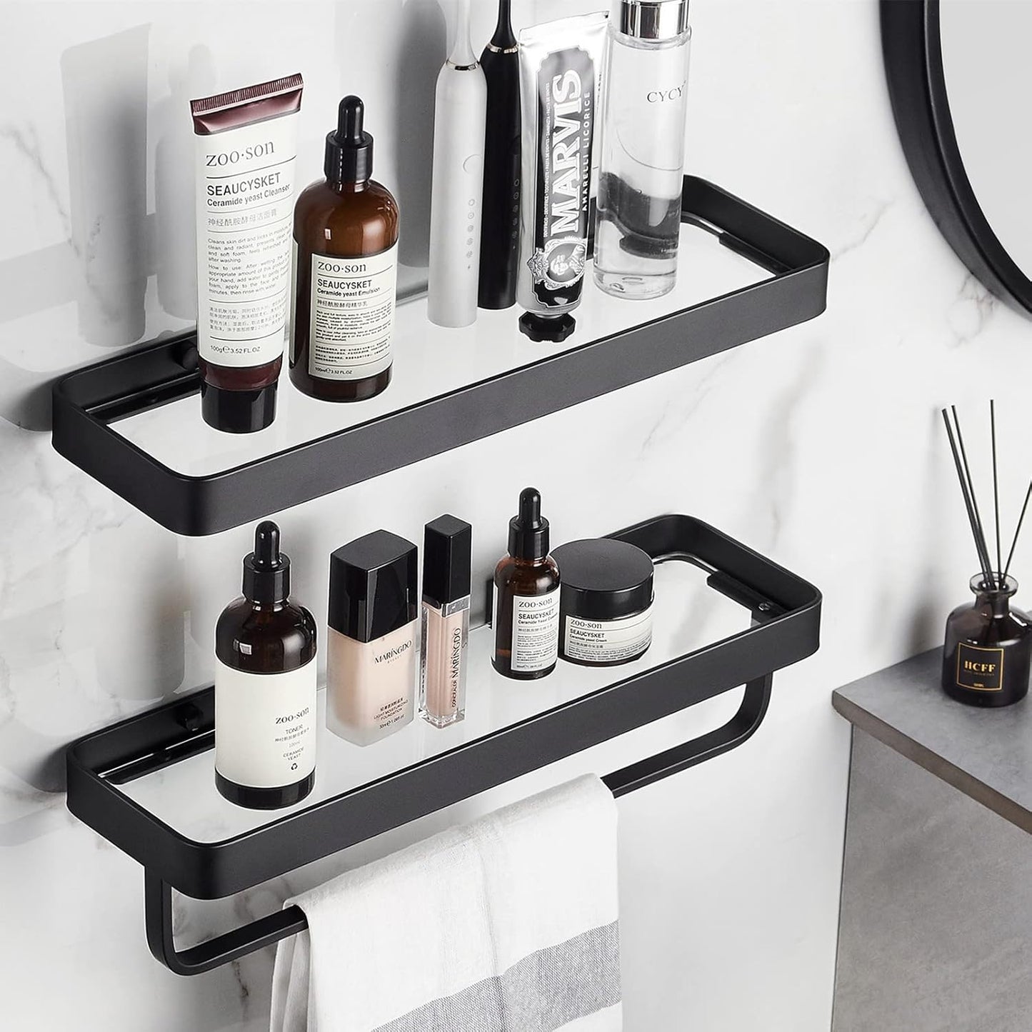 CSD63BGFS0000BK2PCS Bathroom Shelves Wall Mount Glass Floating Shelves with Towel Bar, 15.7" Glass Shelves Wall Rectangular Stainless Steel Tempered Glass for Shelf Sink Over Toilet Bathroom Organizer, Black 2 Tiers
