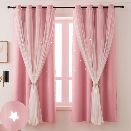 CSD01BCFG0163PK CshidWorld Blackout Curtains for Girls Kids Bedroom, Colorful Double Layer Star Cut Out Curtains for Girls Room Nursery Home Decor, 52''x 63'', 1 Panel