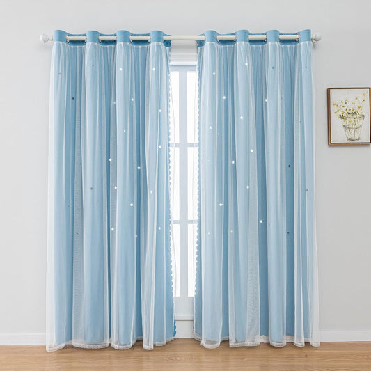 CSD01BCFG0163BU CshidWorld Blackout Curtains for Girls Kids Bedroom, Colorful Double Layer Star Cut Out Curtains for Girls Room Nursery Home Decor, 52''x 63'', 1 Panel