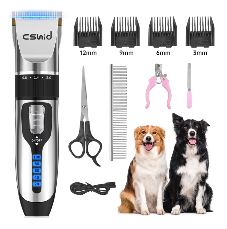 Dog Clippers, USB Rechargeable Cordless Dog Grooming Kit, Low Noise Electric Pets Hair Trimmers, Quiet Washable Shaver Clippers Shears for Thick Coats Dogs Cats with LED Display, 4 Comb Guides, Silve