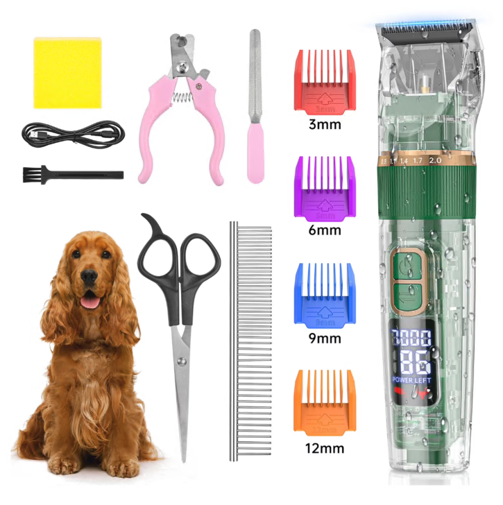 Dog Hair Clippers, USB Rechargeable Cordless Dog Grooming Clippers Kit with LED Display, Low Noise Heavy Duty Pet Hair Shaver Trimmers Set IPX7 Waterproof for Dogs Cats Thick Coats
