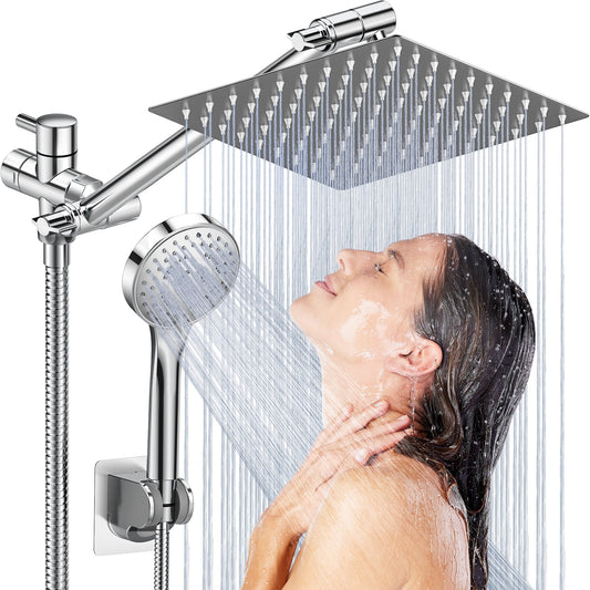 CSD37HPSH0008SR 8 Inch Dual Shower Head Combo with 11" Extension Arm, 5 Settings Adjustable Anti-leak High Pressure Shower Head with 59" Hose, Height/Angle Adjustable Anti-Clog Nozzles, Silver Chrome