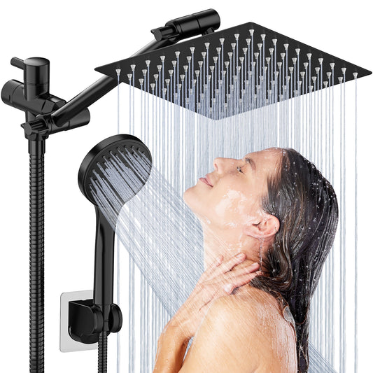 CSD37HPSH0008BK 8 Inch Dual Shower Head Combo with 11" Extension Arm, 5 Settings Adjustable Anti-leak High Pressure Shower Head with 59" Hose, Height/Angle Adjustable, Dual Anti-Clog Nozzles, Black