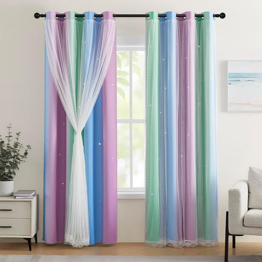 CSD01BCFG0163GP CshidWorld Blackout Curtains for Girls Kids Bedroom, Colorful Double Layer Star Cut Out Curtains for Girls Room Nursery Home Decor, 52''x 63'', 1 Panel