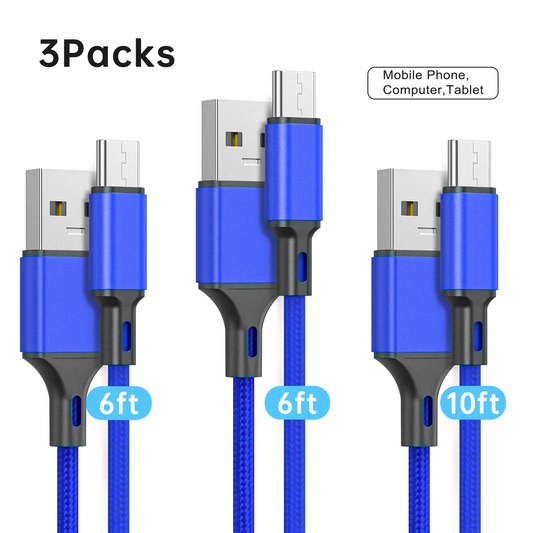 USB Type C Cable, (3-Pack 6/6/10ft) USB C Charger Cable Nylon Braided Charging Cord Compatible to iPhone 15/15 Pro Max Samsung Galaxy S10 S9 S8 Plus,Note 9 8, LG G7 ,Google Pixel 2 XL, Color(Blue)