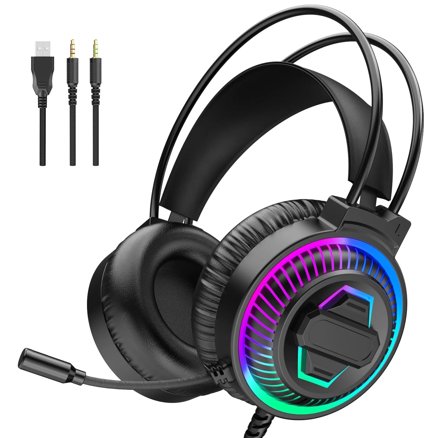 Gaming Headset for PC, Ps4, Ps5, Xbox Headset with 7.1 Surround Sound, Wired Gaming Headphones with Noise Cancelling Mic RGB Light, Over Ear Headphones for Xbox Series X/S, Switch CSD02GHH14000BK