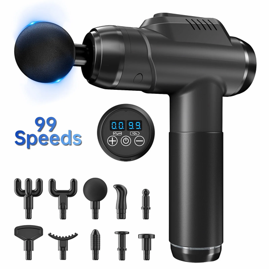 CSDMG04A  99 Speed Adjustable Fascial Massage Gun, Handheld, Deep Tissue Massage, Motorized Silent Portable with 10 Customized Massage Heads for Muscle Soreness and Stiffness，Gray