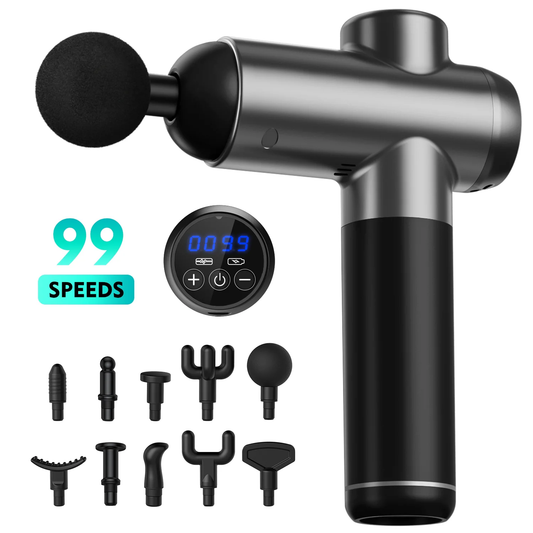 CSDMG03A  99 Speed Adjustable Fascial Massage Gun, Handheld, Deep Tissue Massage, Motorized Silent Portable with 10 Customized Massage Heads for Muscle Soreness and Stiffness.