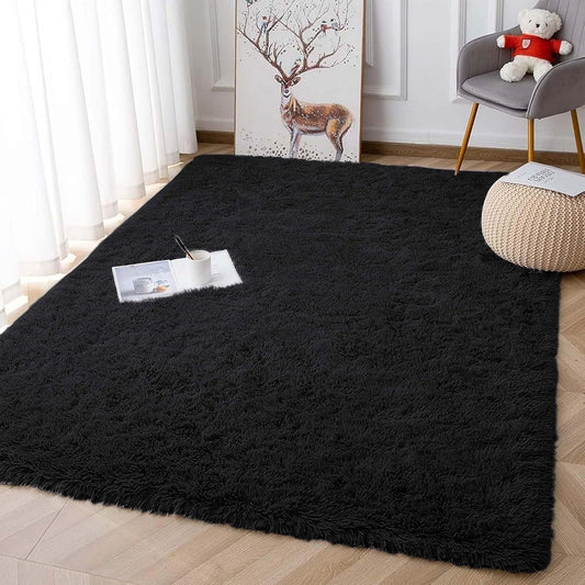 CSD01CSAR0406BK Area Rugs for Living Room Bedroom, 4x6 Ultra Soft Comfy Fluffy Thickened Memory-Foam Indoor Carpets, Modern Minimalist Carpet for Teen Adults Apartment Bedroom Home Decor, Black