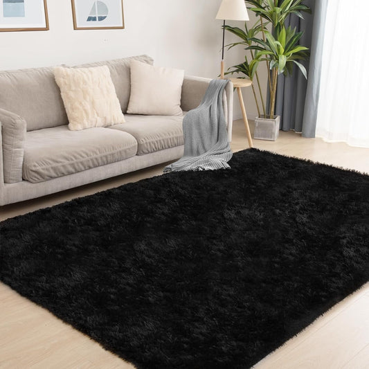 CSD01CSAR0609BK Area Rugs for Living Room Bedroom, 6x9 Ultra Soft Comfy Fluffy Thickened Memory-Foam Indoor Carpets, Modern Minimalist Carpet for Teen Adults Apartment Bedroom Home Decor Black