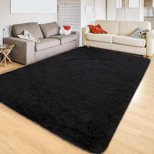 CSD01CSAR0810BK Area Rugs for Living Room Bedroom, 8x10 Ultra Soft Comfy Fluffy Thickened Memory-Foam Indoor Carpets, Modern Minimalist Carpet for Teen Adults Apartment Bedroom Home Decor Black