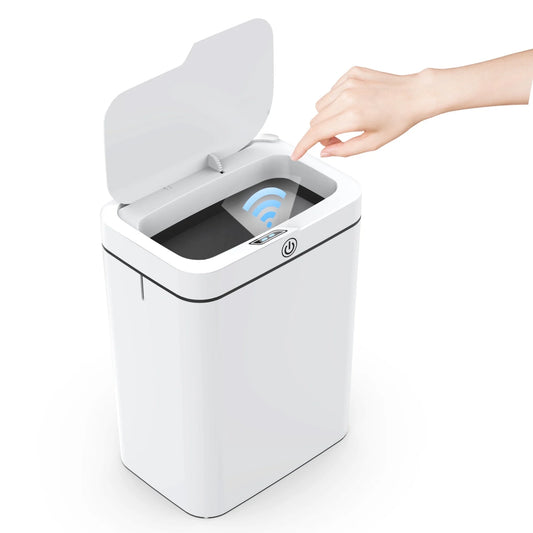 CSD00WWLL0001BLGM Automatic Bathroom Trash Can with Lid, 3.95 Gallon Touchless Trash Bin, Smart Plastic Slim Garbage Can Small White Wastebasket for Bedroom, Bathroom, Office, Living Room, Toilet, RV
