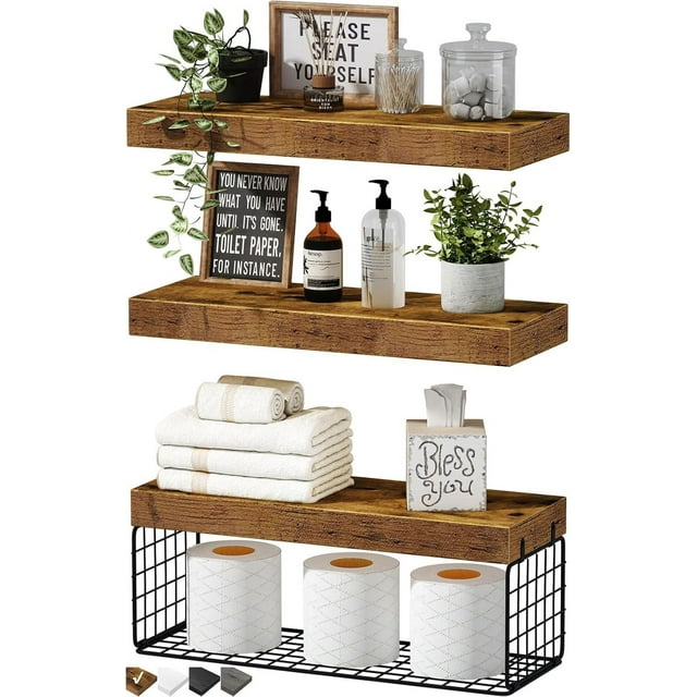 CSD62FSWB0003BN Bathroom Shelves Over Toilet with Storage Basket, 3+1 Tier Floating Shelf for Wall, Bathroom Floating Shelves with Toilet Paper Storage for Bathroom, Living Room, Bedroom and Kitchen, Brown