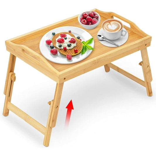 CSD58BMBT0000BM Breakfast Bed Tray for Eating - Raised Food Table Up to 9.5" on Lap Sofa - Adjustable Bamboo Serving Tray - Portable Snack Platter with Folding Legs Ideal for Bedroom Picnic