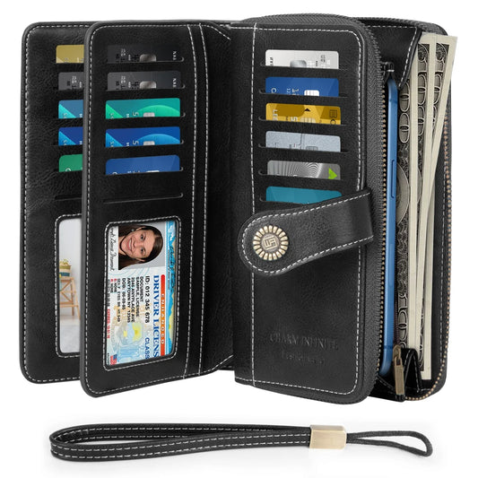 CSD01CQ100WFWBK  Wallet for Women, Rfid Blocking Bifold Womens Wallet, Leather Pocket Wallet, Ladies Portable Purse with 2 ID Windows & 23 Credit Card Slot, Large Capacity with Wristlet, Black