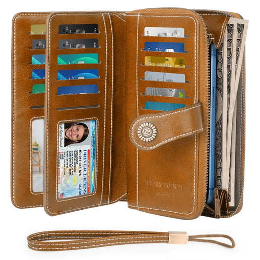 CSD01CQ100WFWBN  Wallet for Women, Rfid Blocking Bifold Luxury Leather Pocket Wallet, Ladies Portable Purse with 2 ID Windows & 23 Credit Card Slot, Large Capacity with Wristlet, Brown