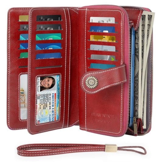 CSD01CQ100WFWRE  Wallet for Women, Rfid Blocking Bifold Luxury Leather Pocket Wallet, Ladies Portable Purse with 2 ID Windows & 23 Credit Card Slot, Large Capacity with Wristlet, Red