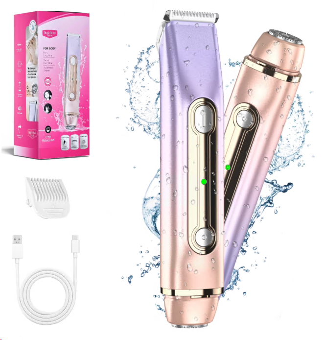 Bikini Trimmer for Women, 2 in 1 Dual Head Electric Razor, IPX7 Waterproof Wet/Dry Use Women Electric Shaver, Painless Body Facial Hair Remover for Bikini Legs Arm Underarm, Rechargeable