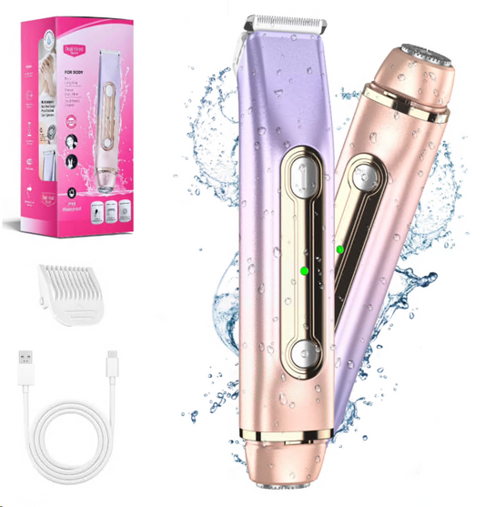 Bikini Trimmer for Women, 2 in 1 Dual Head Electric Razor, IPX7 Waterproof Wet/Dry Use Women Electric Shaver, Painless Body Facial Hair Remover for Bikini Legs Arm Underarm, Rechargeable