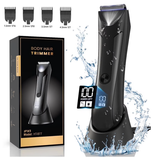 Electric Body Trimmer, Men's Groin Hair Trimmer IPX5 Waterproof Wet/Dry Use Razor, Ceramic Blade Ball Shaver Clipper Body Grooming Kit with LCD Baterry Display, USB Recharge Dock & LED Light