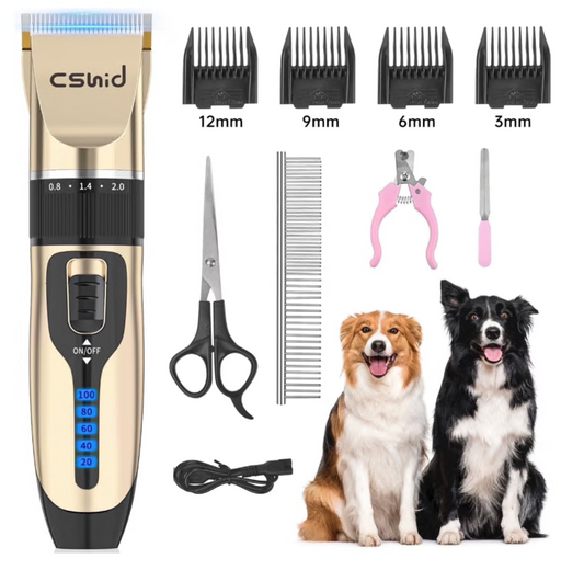Dog Clippers, USB Rechargeable Cordless Dog Grooming Kit, Low Noise Electric Pets Hair Trimmers, Quiet Washable Shaver Clippers Shears for Thick Coats Dogs Cats with LED Display, 4 Comb Guides
