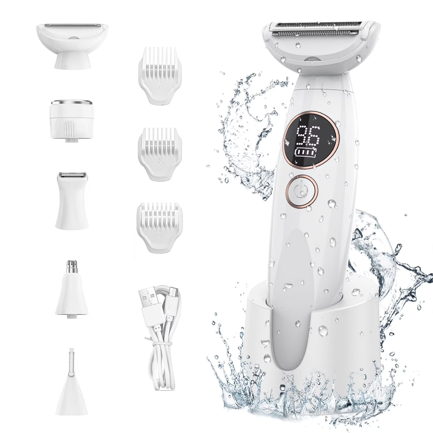 5 in 1 Bikini Trimmer for Women, IPX7 Waterproof Wet & Dry Electric Razors for Women with Charge Dock, Womens Electric Shaver for Bikini Underarm Body Face