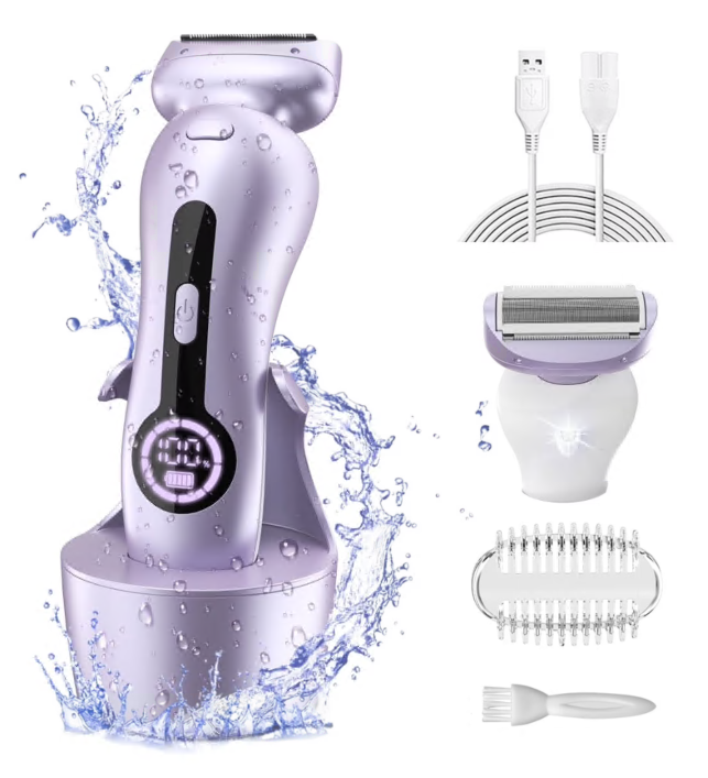 Electric Shaver for Women, Womens Electric Razor Lady IPX7 Waterproof Legs Arm Underarm Body Painless Epilator Rechargeable Wet Dry Use Bikini Trimmer W/ Charging Stand & LCD Display