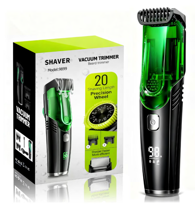 Beard Trimmer for Men, All-in-One Vacuum Mustache Trimmer With Precision Dial,Adjustable 20 Length Setting Premium Facial Hair Groomer, Waterproof Wet/Dry Clipper, Green