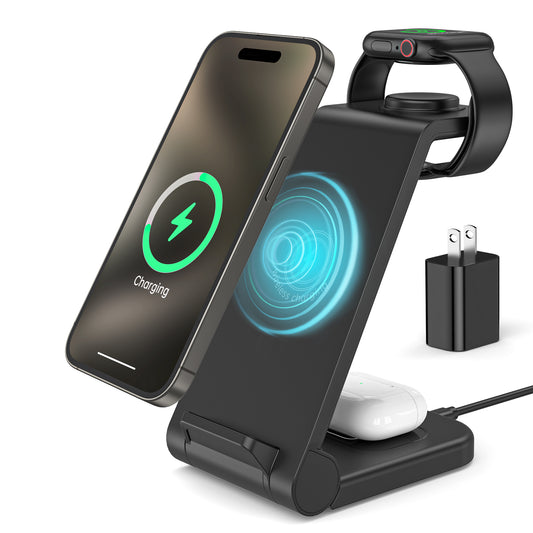 CSD01WCHGWX38BL 2025 Traveling Wireless Fast Charger for Apple & Android Charging Station, 3 in 1 Charging for iPhone 12 13 14 15 16, Apple Watch Series & Air pods, Samsung Galaxy-Gift Idea, Home, Office Use
